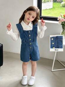 Thời trang cho bé gái đầu thu thanh lịch, áo blouse trắng cổ bẻ tay phồng có cổ tay nhún + jumpsuit xanh tay bèo cài nút đơn, phù hợp mặc hàng ngày mùa hè, đi học, đi chơi ngoài trời và du lịch - trắng - Xem 2
