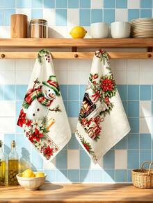 2pcs Kitchen Absorbent Towels, Made Of Polyester Material, Christmas Fireplace Snowman Pattern Print, Suitable For Kitchen, Bathroom, Ideal Choice For Housewives And Family Gatherings, High Cost-Performance Home Supplies, Great Room Decoration. - Multicolor - View 1