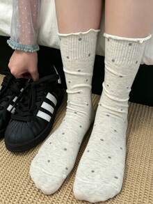 1/3/6 Pairs Korean Ins Style Ruffled Polka Dot Slouch Socks, Women's Mid-Calf Socks, Japanese Ballet Core Frilly Socks, For Autumn - Multicolor - View 6
