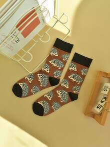 1 Pair Hedgehog Pattern Unisex Mid-Calf Socks, Vintage Caramel Brown & Black Contrast Cuff, Fun Cartoon Casual Mid-Calf Socks - Multicolor - View 4