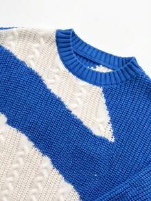 Women's Knitted Pullover Sweater, Long Sleeve Regular Fit, Ribbed And Cable Knit Details, Slightly Elastic Fabric, Y2K Fashion - Blue and White - View 6