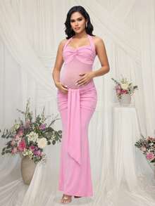 JustVH Gaun Maxi Hamil Model Duyung Tanpa Lengan dengan Lipatan Jala dan Detail Draping, Cocok untuk Pemotretan Baptisan Bayi - Berwarna merah muda - View 3