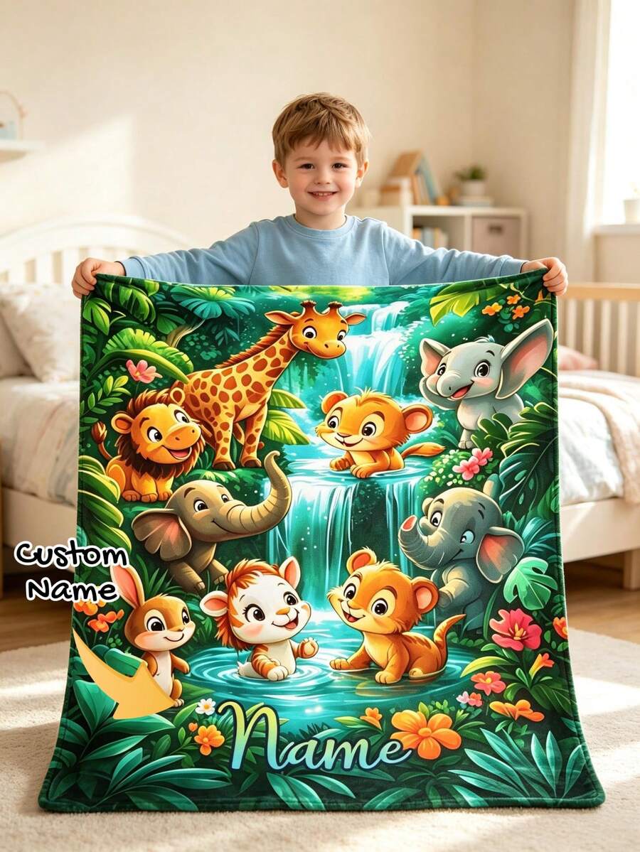 Custom Name Blanket With Cute Forest Animal Pattern, Lightweight Home Decor Bedding Throw, Soft Warm Blanket For Sofa, Bed, Room, Office & Chair - Multicolor - View 1