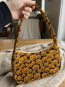 1pc Jack-O'-Lantern All-Over Print Corduroy Shoulder Bag, Underarm Bag, Large Capacity, Zip Closure Baguette Handbag For Party Daily Travel Gift - Multicolor - View 3