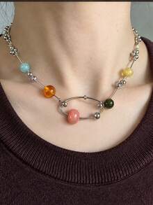 rundraw 1pc Women's Necklace, Silver Metal Colorful Beaded Flower Pendant Personalized Versatile Necklace, Autumn Style Suitable For Daily Wear, Shopping, Party And Gathering - Multicolor - View 1