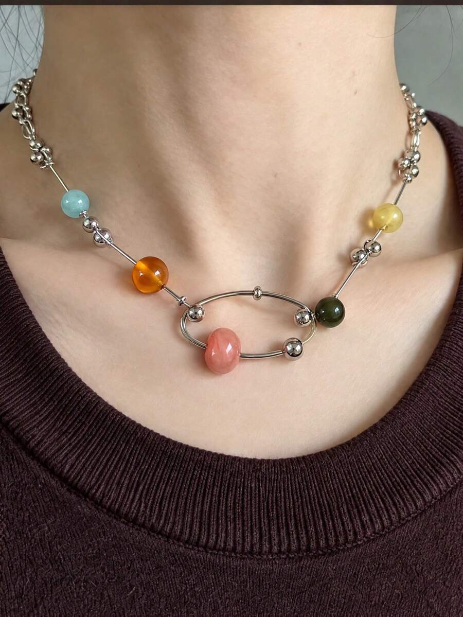 rundraw 1pc Women's Necklace, Silver Metal Colorful Beaded Flower Pendant Personalized Versatile Necklace, Autumn Style Suitable For Daily Wear, Shopping, Party And Gathering - Multicolor - View 1