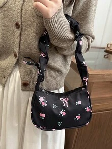 1pc Pleated Strap Women Underarm Bag, Tie-Up All Over Print Shoulder Handbag, Lightweight Portable For Commute Shopping Summer Travel Gift - Multicolor - View 2