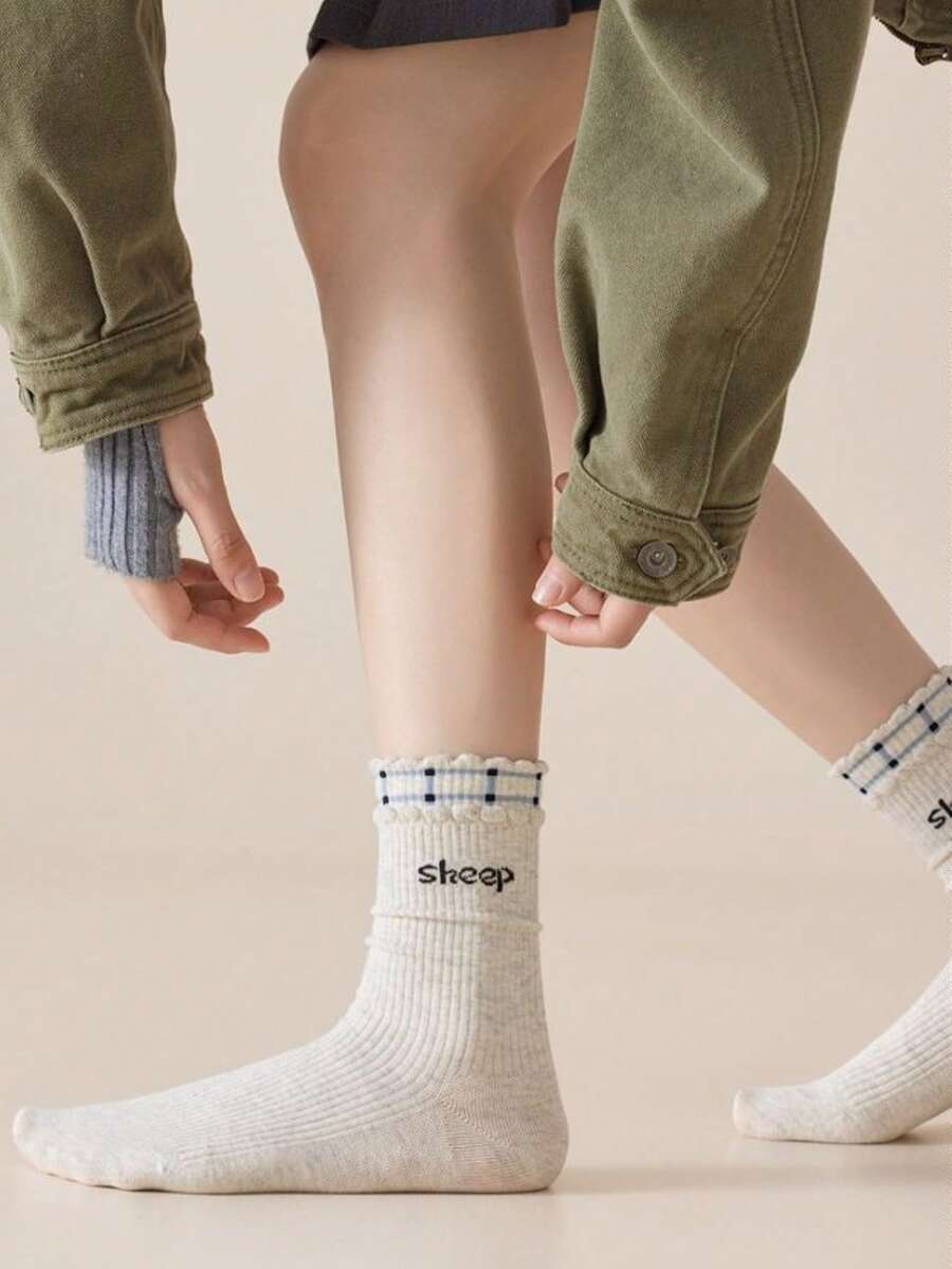 5 Pairs Women's Beige Grey Warm Mid-Calf Socks - Multicolor - View 1