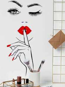 1 Sheet/2pcs Sexy Red Lip Girl Wall Sticker, Removable PVC Decal For Bedroom, Living Room, Vanity, Bathroom Decor - Multicolor - View 8