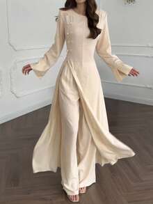 SMILE CHIC Vintage Minimalist Elegant Commuter New Chinese Style Frog Button Side Slit Waist-Cinching Outerwear & Wide Leg Pants 2 Pieces Set - Apricot - View 1
