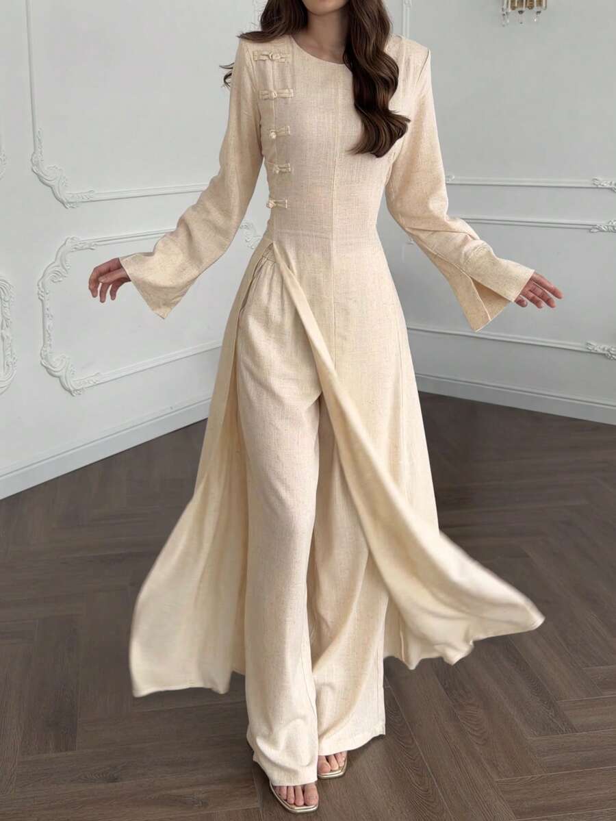 SMILE CHIC Vintage Minimalist Elegant Commuter New Chinese Style Frog Button Side Slit Waist-Cinching Outerwear & Wide Leg Pants 2 Pieces Set - Apricot - View 1