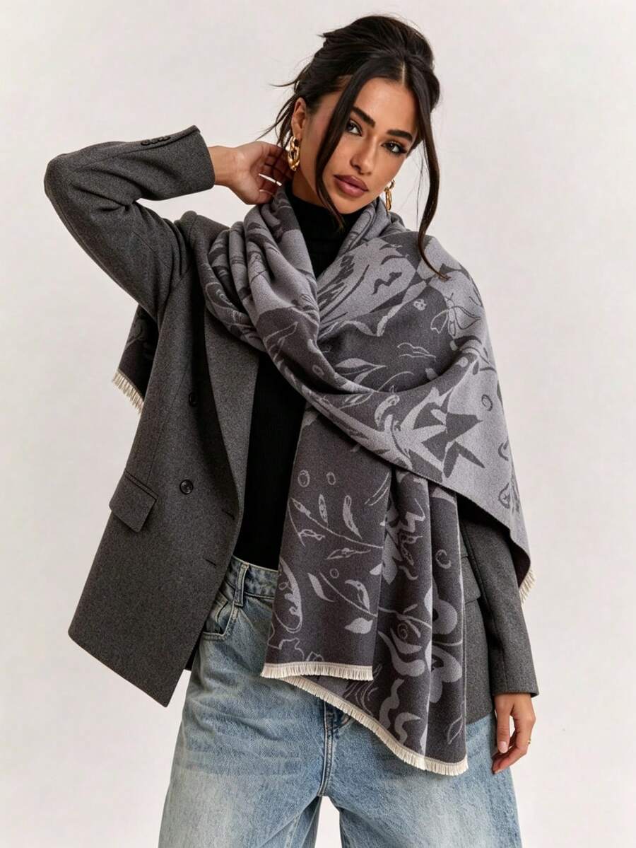 1件裝抽象塗鴉印花仿羊絨圍巾,保暖流蘇大披肩圍巾,女士多功能戶外旅行毯巾 - 深灰 - 查看 1