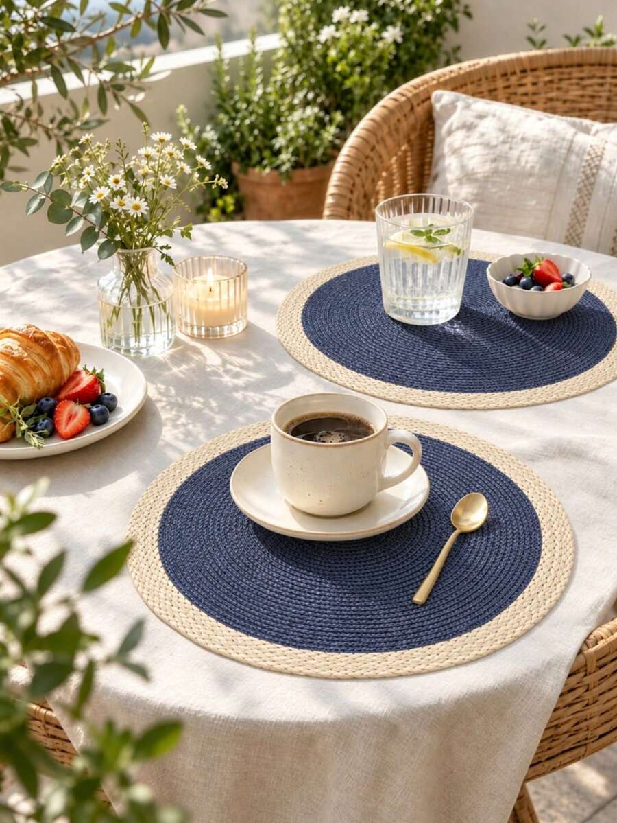 Set Alas Piring Bundar dengan Tepi Anyaman (1/2/4/6 Buah), Alas Piring Anyaman 15 Inci, Cocok untuk Dapur dan Ruang Makan, Dapat Dicuci, Ideal untuk Penggunaan Sehari-hari, Pesta, Dekorasi Pernikahan, Natal, dan Acara Lainnya - Biru - View 1