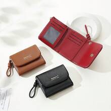 1pc-Baellerry Women's Short Flap Wallet, PU Leather Purse, 6 Card Slots + ID Photo Slot + Zipper Coin Pocket, With Wrist Strap, Portable Travel Outdoor Daily Multi-Compartment Card Holder - Multicolor - View 10