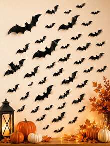 60pcs Halloween 3D Bat Wall Stickers, 4 Sizes Foldable Black Flying Bats With Adhesive Backing, DIY Wall Decals For Home, Bedroom, Doors, Windows And Party Decoration - View 1