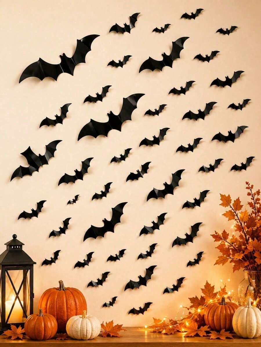 60pcs Halloween 3D Bat Wall Stickers, 4 Sizes Foldable Black Flying Bats With Adhesive Backing, DIY Wall Decals For Home, Bedroom, Doors, Windows And Party Decoration - View 1