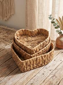 3Pcs (S+M+L)/1Pc Boho Woven Storage Basket, Water Hyacinth Heart Basket, Wicker Tray For Coffee Table, To Organize Kitchen & Indoor Space, Winter Home Decor, Bohemian Decor Style, Valentine's Day Ornament, Ideal Holiday Gift - View 2