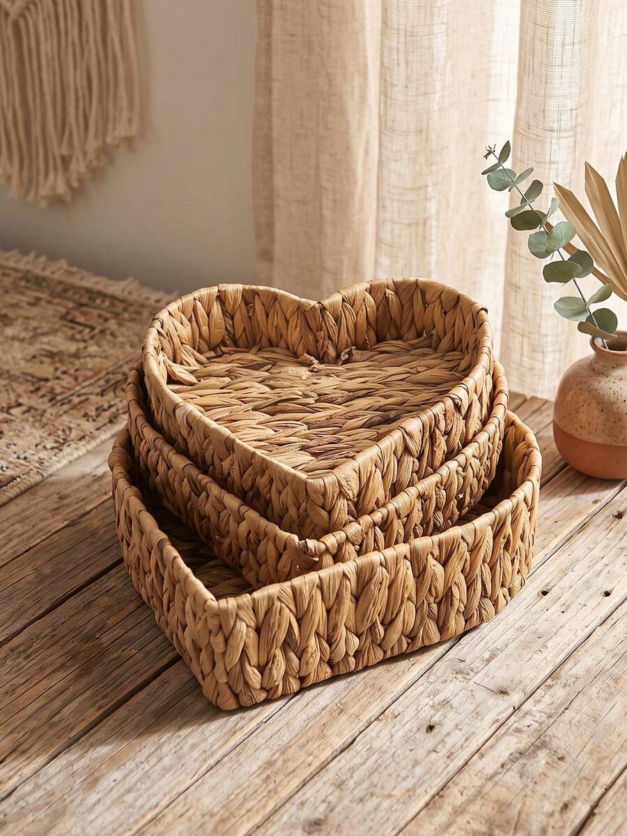 3Pcs (S+M+L)/1Pc Boho Woven Storage Basket, Water Hyacinth Heart Basket, Wicker Tray For Coffee Table, To Organize Kitchen & Indoor Space, Winter Home Decor, Bohemian Decor Style, Valentine's Day Ornament, Ideal Holiday Gift