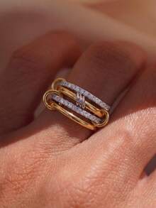 1pc Interlocking Ring With Inlaid Diamonds And Sparkling Cubic Zirconia, Unisex, Suitable For Daily Wear Or Party Accessory, High-Quality Exquisite Jewelry, Perfect Gift - Gold - View 3