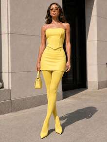 1 Pasang Celana Ketat Beludru Matte Kuning Wanita, Legging Elastis Tinggi Pas Badan, Lapisan Dasar Serbaguna yang Mempesona - Kuning - View 9