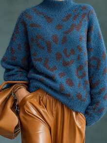 Leopard Print Mock Neck Vintage Sweater For Women, Loose Slouchy Dropped Shoulder Long Sleeve Pullover Knit Top, Slimming Outerwear Inner Layer, Suitable For Daily Commute Wear - Ocean Blue - View 13
