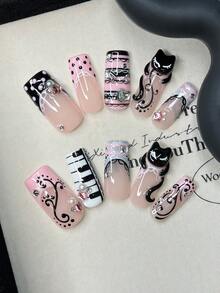 10pcs/Set Y2K Nails Handmade, Cute Nails, Pink Nails, 3D Kitten Pattern Nails & Piano Nails, Stripe Nails, Perfect For Parties & Daily Wear. Short Square Nails. Handmade Press On Nails Square, Fake Nails, Acrylic Nails, Handmade Nails, Fall Nails - Multicolor - View 10