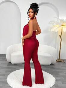 Women's Burgundy Halter Neck Sleeveless Backless Long Jumpsuit, Ruched Detail, High Elastic Knit Fabric, Suitable For Autumn Wear - Burgundy - View 4