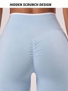 Women's Shaping Leggings, Contrast Trim, Waist Sculpting & Butt Lift, Suitable For Yoga, Gym - Baby Blue - View 6