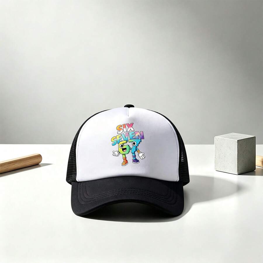 1PC Mesh Trucker Hat, SIX SEVEN Cartoon Number Character Print, Breathable Mesh Back, Adjustable Unisex Cap For Daily, Street, Outdoor & Travel