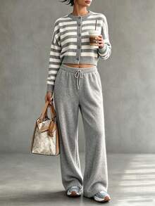 Women's Regular Casual Striped Drop-Shoulder Button-Down Long-Sleeved Business-Wear Wide-Leg Trousers Set Business Outfit Two Pieces Set, Fall Winter - Multicolor - View 1