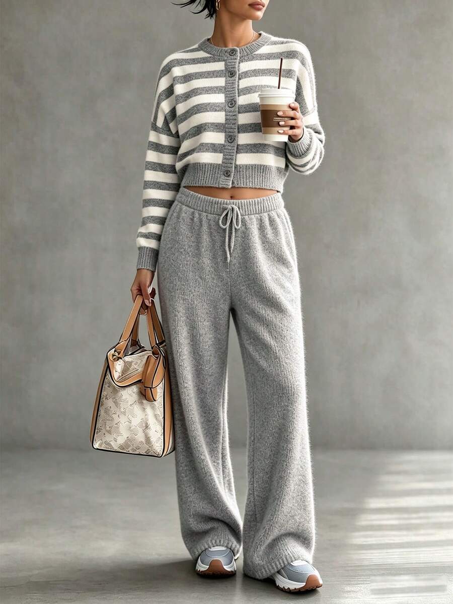 Women's Regular Casual Striped Drop-Shoulder Button-Down Long-Sleeved Business-Wear Wide-Leg Trousers Set Business Outfit Two Pieces Set, Fall Winter - Multicolor - View 1
