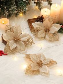 1pc/5pcs/8pcs/12pcs Artificial Christmas Flower Clips, Glitter Christmas Large Leaf Flower Hanging Decor Set, Shiny Christmas Flower Decoration, Suitable For Christmas Tree, Holiday Wreath And Home Decor Christmas Gift - Gold - View 6