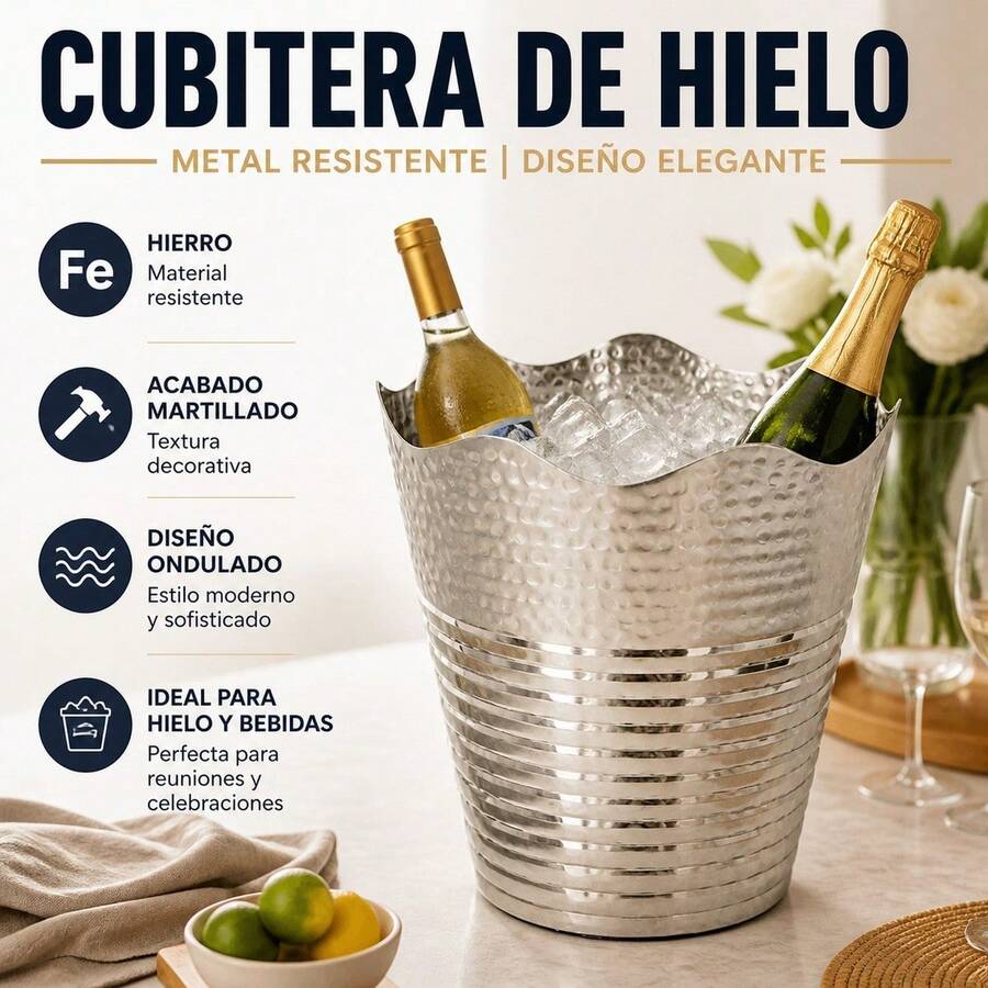 Nickel-Plated Iron Ice Bucket With Wavy Rim And Hammered Texture, Metal Wine And Beer Bottle Chiller For Parties And Events, 23x23x23 Cm - View 1