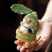 yucen Cute Duck Car Ornament Office Desk Decor Stress Relief Healing Fun Desktop Figurine Tea Pet Rocking Chair Lotus Leaf Duck - A - View 4