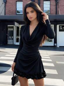 2026 Solid Color Elegant Knitted Fabric Ruffle Pleated Lace/Ruffle Dress For Evening Date Vacation Party Office Autumn/Winter - Black - View 5
