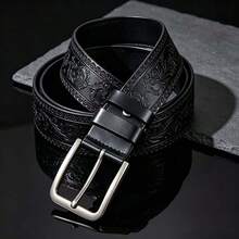 1pc Men's Buckle Belt, Exquisite Embossed Soft Strap, Fashionable Versatile Belt, Alloy Buckle Belt, Suitable For Jeans - Perfect Gift For Father And Husband - Black - View 6