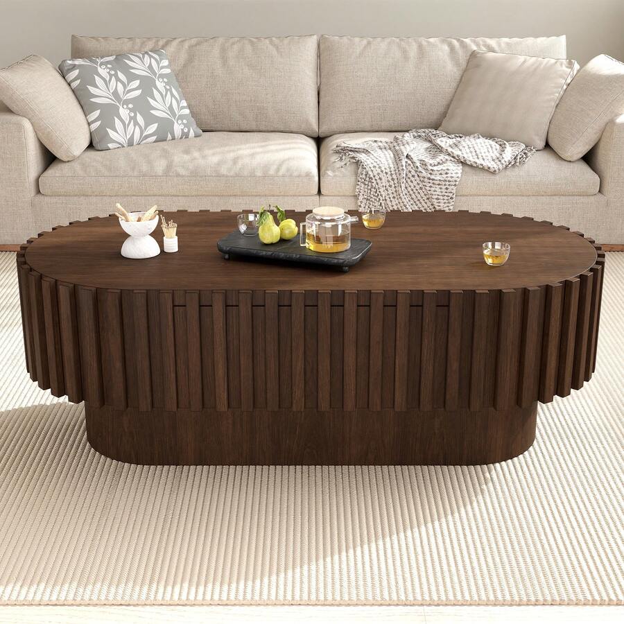 Oval Coffee Table 100*50*35.5 Cm, Living Room Table With Drawer, Side Table, Decorative Vertical Slat Design, Stable Wooden Coffee Table For Living Room, Maximum Load 20 Kg, Walnut Wood Color - Walnut Wood Color - View 1