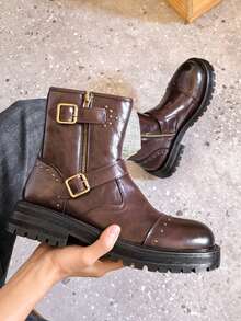 Vintage Rivet Motorcycle Boots For Men, Double Buckle Design With Side Zipper, Thick Sole Short Shaft Boots, Street Workwear Boots, Fashion Chelsea Boots - Brown - View 11