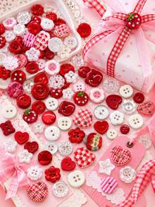 10/20/30pcs Red Mixed Color Sewing Buttons, Strawberry Heart Flower Star Plaid Decorative Handmade Buttons, Suitable For DIY Sewing, Scrapbooking, Clothing Repair, Doll Making, Gift Wrapping And Craft Projects, Multiple Shapes - Multi-color - View 1