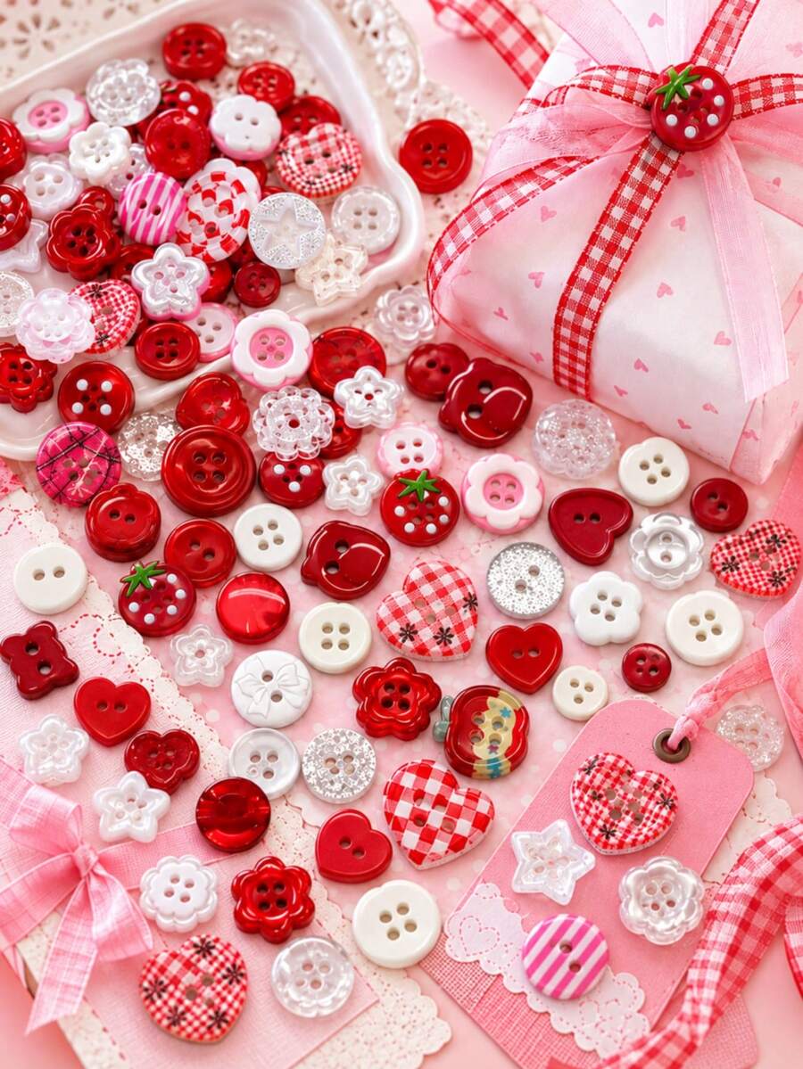10/20/30pcs Red Mixed Color Sewing Buttons, Strawberry Heart Flower Star Plaid Decorative Handmade Buttons, Suitable For DIY Sewing, Scrapbooking, Clothing Repair, Doll Making, Gift Wrapping And Craft Projects, Multiple Shapes - Multi-color - View 1