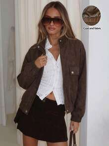 Jaket Motor Rajut Cokelat Vintage untuk Wanita, Penutup Resleting, Kerah Lengan Panjang, Panjang Standar, Cocok untuk Musim Gugur/Musim Dingin - Coffee Brown - View 8