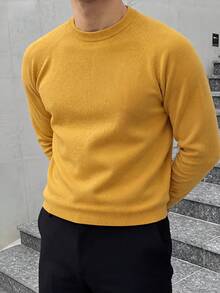 男士修身落肩圓領長袖針織衫，春秋款 - 黃色 - 查看 5