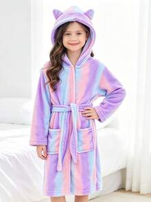 Tween Girls Ombre Striped 3D Ear Hooded Plush Bathrobe Loungewear, Autumn/Winter - Multicolor - View 2