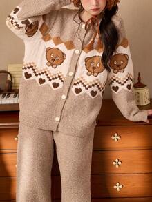 Gongdie Universal 2pcs Bob Tim Women's Fleece Pajama Set, Winter Brown Fair Isle Pattern Thick Plush Loungewear - Brown - View 2