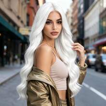 28 Inch White Long Curly Wig, Middle Part, No Bangs, Heat-Resistant Synthetic Fiber, Fashionable And Elegant, Natural Styling, Voluminous And Versatile, Suitable For Cosplay, Christmas, Music Festival, Daily Wear For All Women - White - View 4