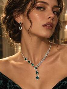 outingfit 1 Set Emerald Green Water Drop Jewelry 2 Pieces Set Gift Accessories Fashion Multi-Color Full Rhinestone Earrings & Necklace Set - Silver - View 3