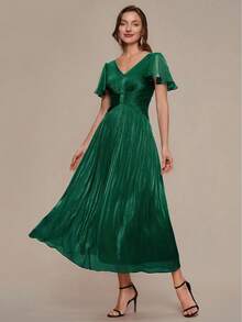 EVERPRETTY Dark Green Ruffle Trim Mid-Length Ruffle Sleeve A-Line Dress Suitable For Wedding Guest - Dark Green - View 3