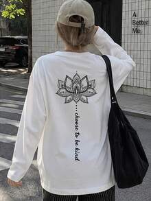 Women's Fashion Autumn/Winter Loose Minimalist Versatile Letter & Floral Print Long Sleeve T-Shirt - White - View 6
