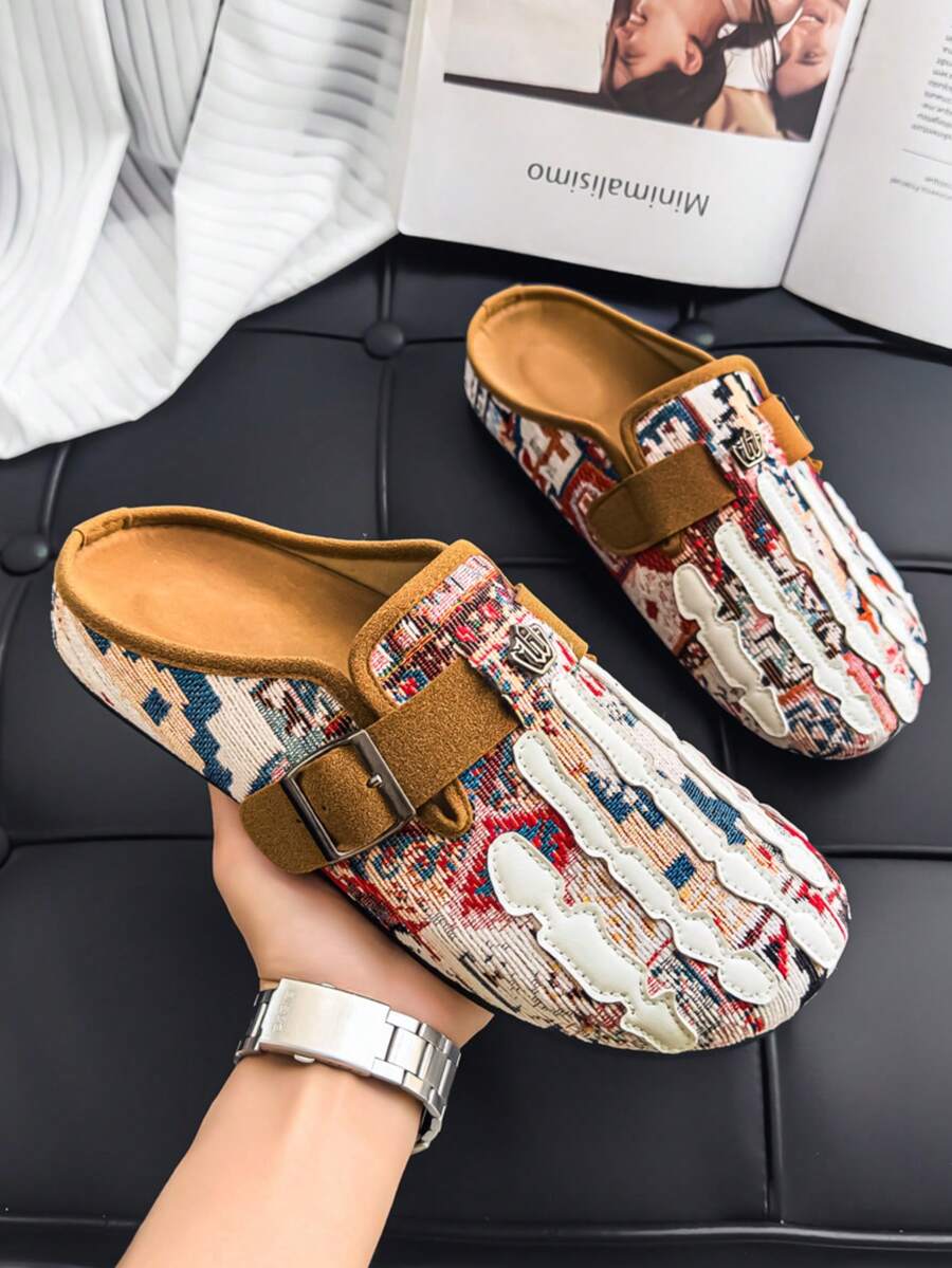 Men's Bohemian Halloween Skull Claw Closed-Toe Mule Sandals With Adjustable Buckle, Suede Backless Slip-On Casual Flat Slippers [Asymmetrical Print Pattern] - Khaki - View 1