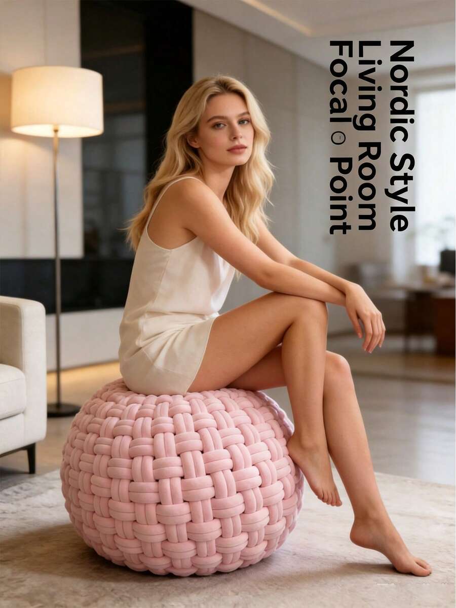 INS European Style Handmade Woven Round Knotted Stool, Decorative Slouchy Single Person Sofa Ottoman For Living Room, Bedroom And Bay Window - Multicolor - View 1
